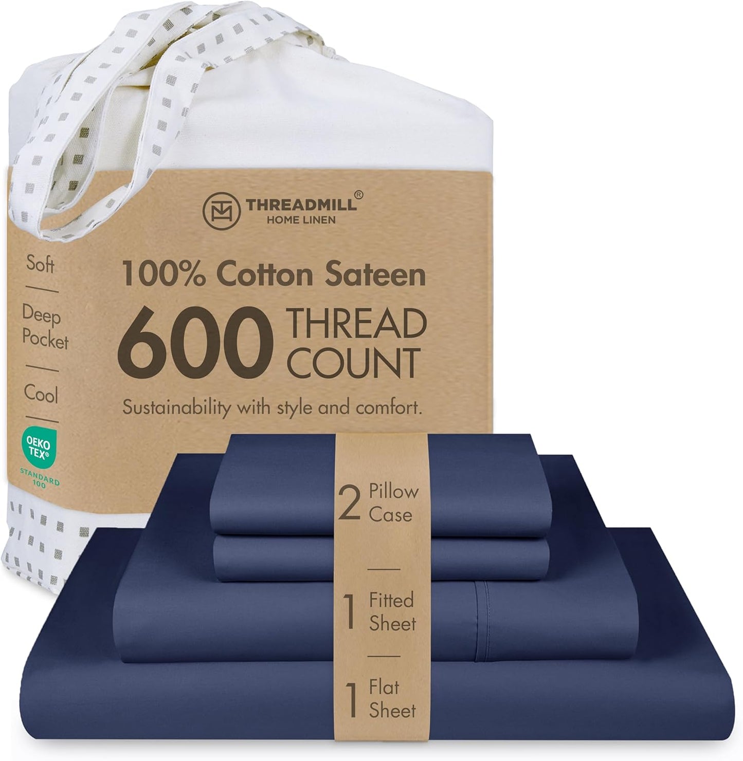 Threadmill 100% Cotton Sheets for Queen Size Bed - 600 Thread Count Queen Bed Sheets Set with 16” Deep Pocket - Sateen Weave 4-Piece Bedding Set with Cooling Effect, White