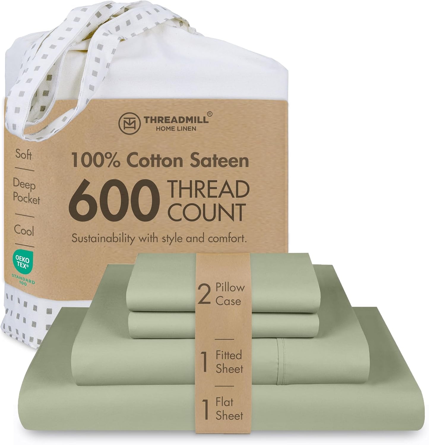 Threadmill 100% Cotton Sheets for Queen Size Bed - 600 Thread Count Queen Bed Sheets Set with 16” Deep Pocket - Sateen Weave 4-Piece Bedding Set with Cooling Effect, White
