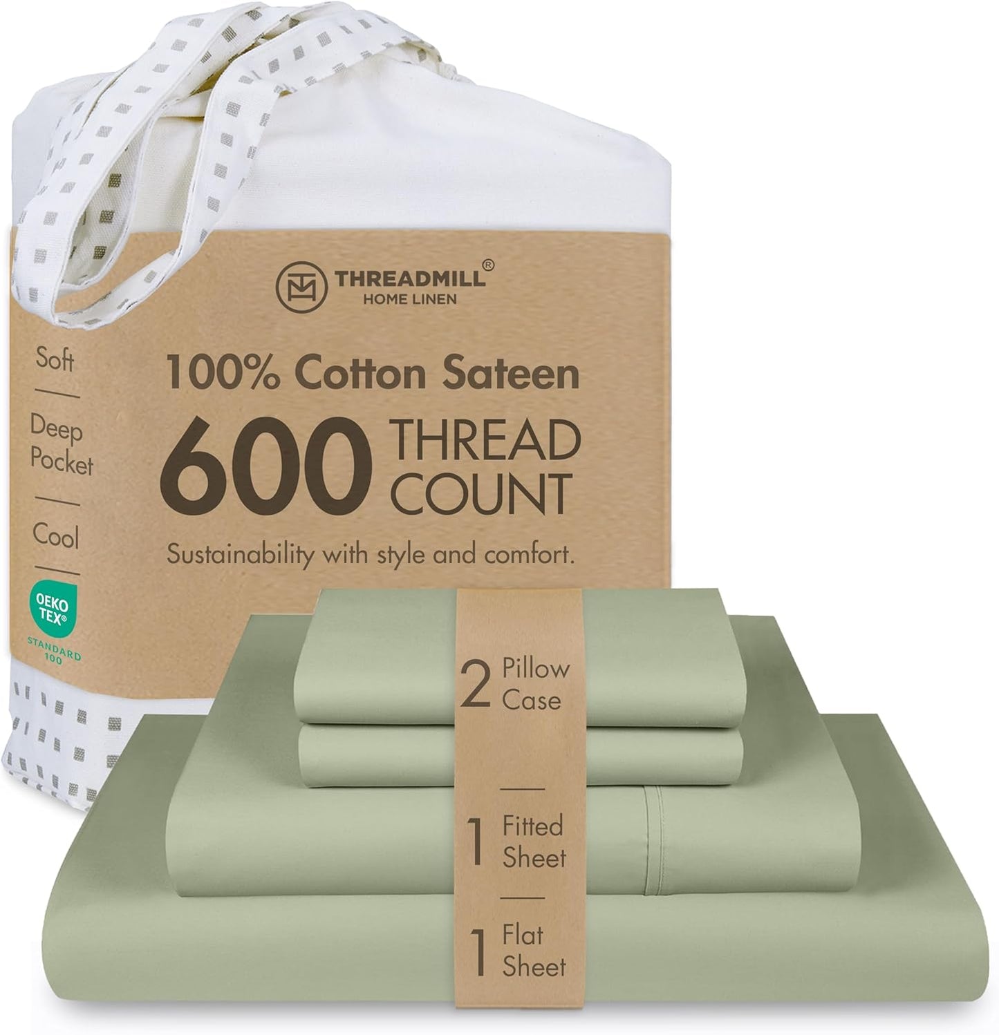 Threadmill 100% Cotton Sheets for Queen Size Bed - 600 Thread Count Queen Bed Sheets Set with 16” Deep Pocket - Sateen Weave 4-Piece Bedding Set with Cooling Effect, White