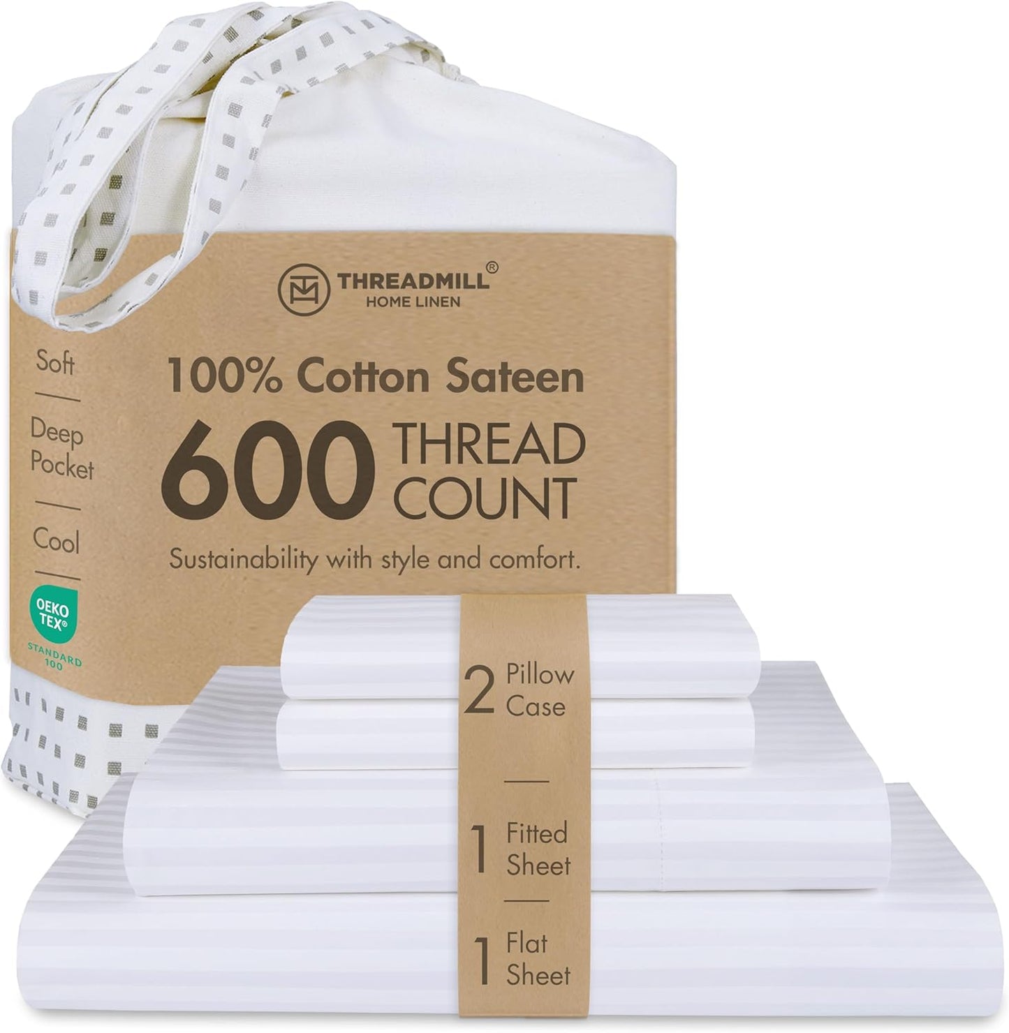 Threadmill 100% Cotton Sheets for Queen Size Bed - 600 Thread Count Queen Bed Sheets Set with 16” Deep Pocket - Sateen Weave 4-Piece Bedding Set with Cooling Effect, White