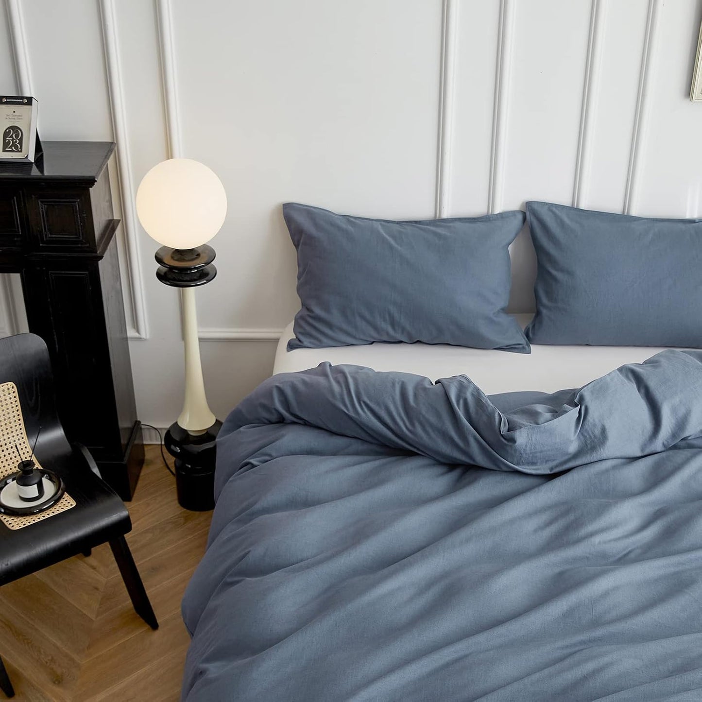Simple&Opulence Linen Duvet Cover Double,Natural Linen Cotton Duvet Cover with Pillowcase,Duble Size Bedding Set,Soft Warm Breathable Bed Quilt Cover with Button Closure,200x200cm,Navy Blue