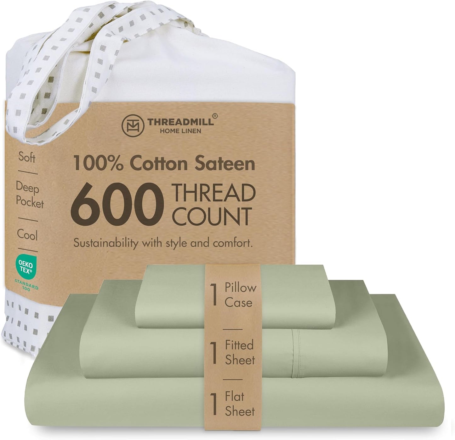 Threadmill 100% Cotton Sheets for Queen Size Bed - 600 Thread Count Queen Bed Sheets Set with 16” Deep Pocket - Sateen Weave 4-Piece Bedding Set with Cooling Effect, White