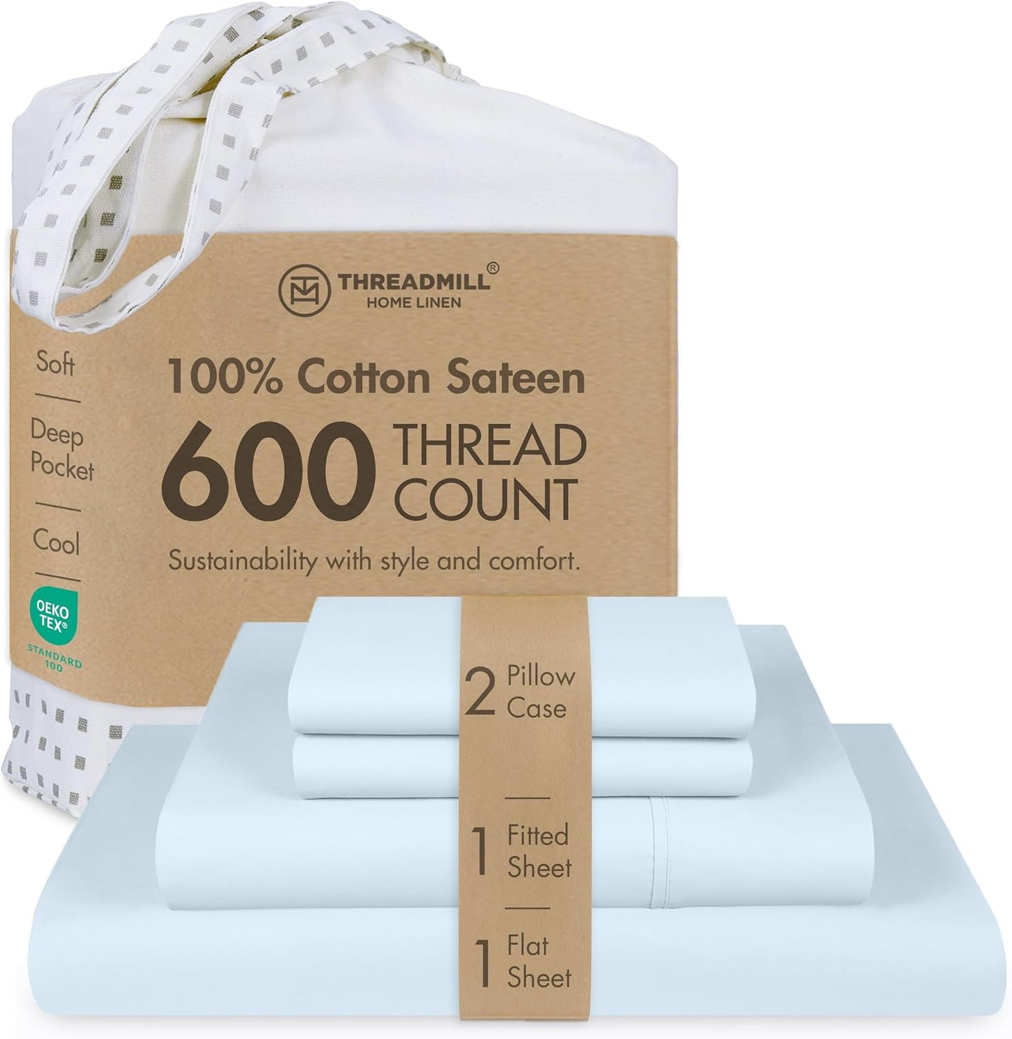 Threadmill 100% Cotton Sheets for Queen Size Bed - 600 Thread Count Queen Bed Sheets Set with 16” Deep Pocket - Sateen Weave 4-Piece Bedding Set with Cooling Effect, White