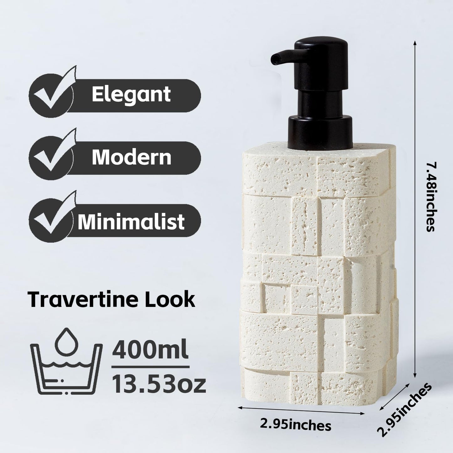 Haocoott Soap Dispensers 400mL 13.5 OZ, 2 PCS Luxurious Hand Dish Lotion Shampoo Soap Dispenser Jar, Travertine Stone Look Soap Pump Bottles for Kitchen Bathroom Countertop (White)