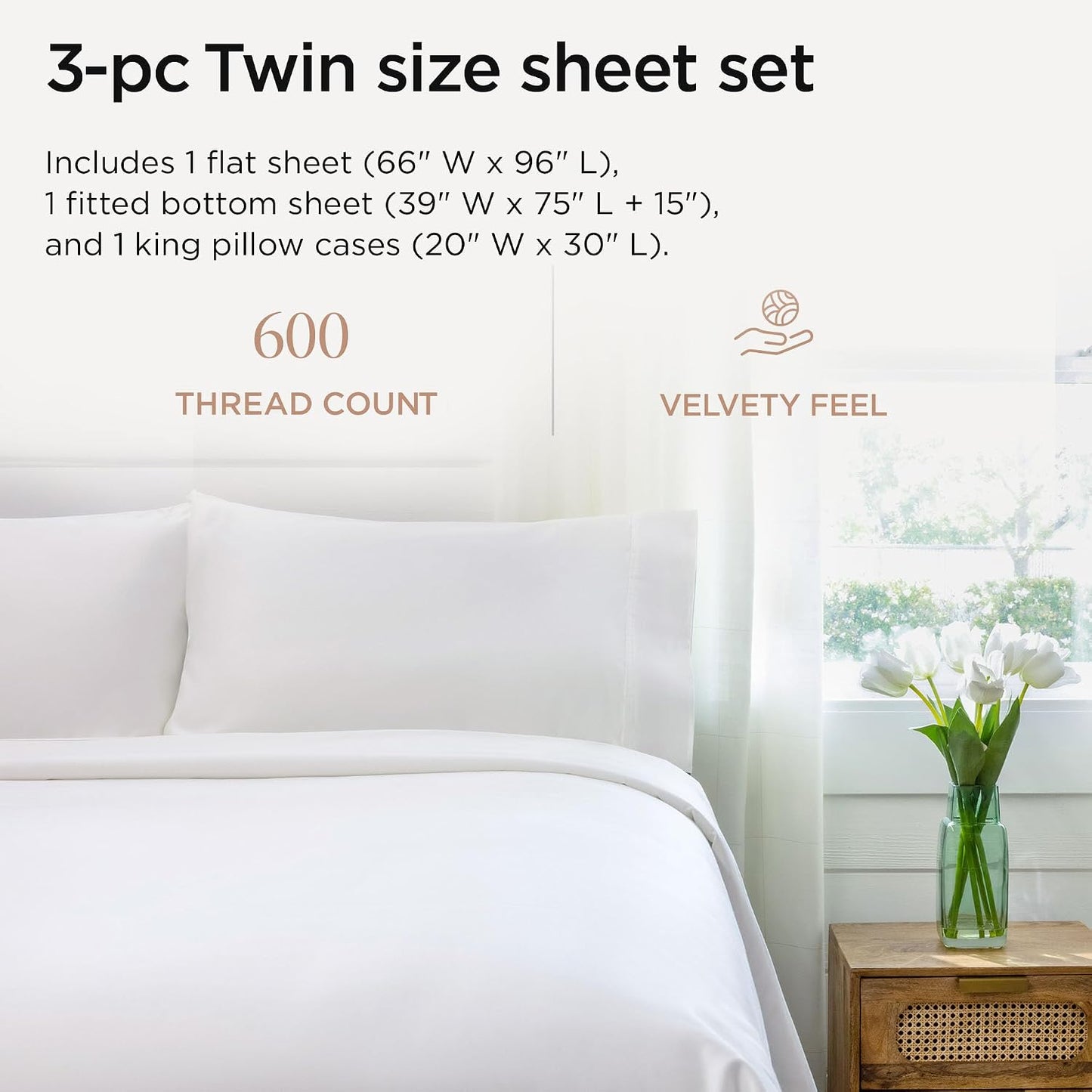 Threadmill 100% Cotton Sheets for Queen Size Bed - 600 Thread Count Queen Bed Sheets Set with 16” Deep Pocket - Sateen Weave 4-Piece Bedding Set with Cooling Effect, White