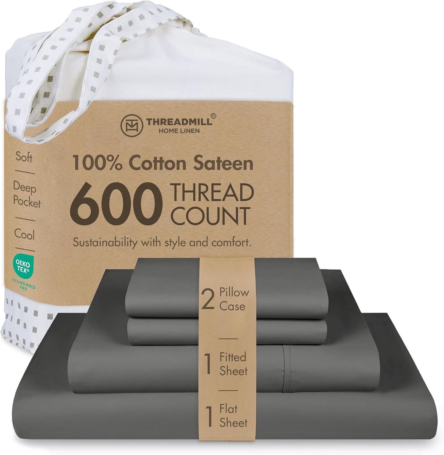 Threadmill 100% Cotton Sheets for Queen Size Bed - 600 Thread Count Queen Bed Sheets Set with 16” Deep Pocket - Sateen Weave 4-Piece Bedding Set with Cooling Effect, White