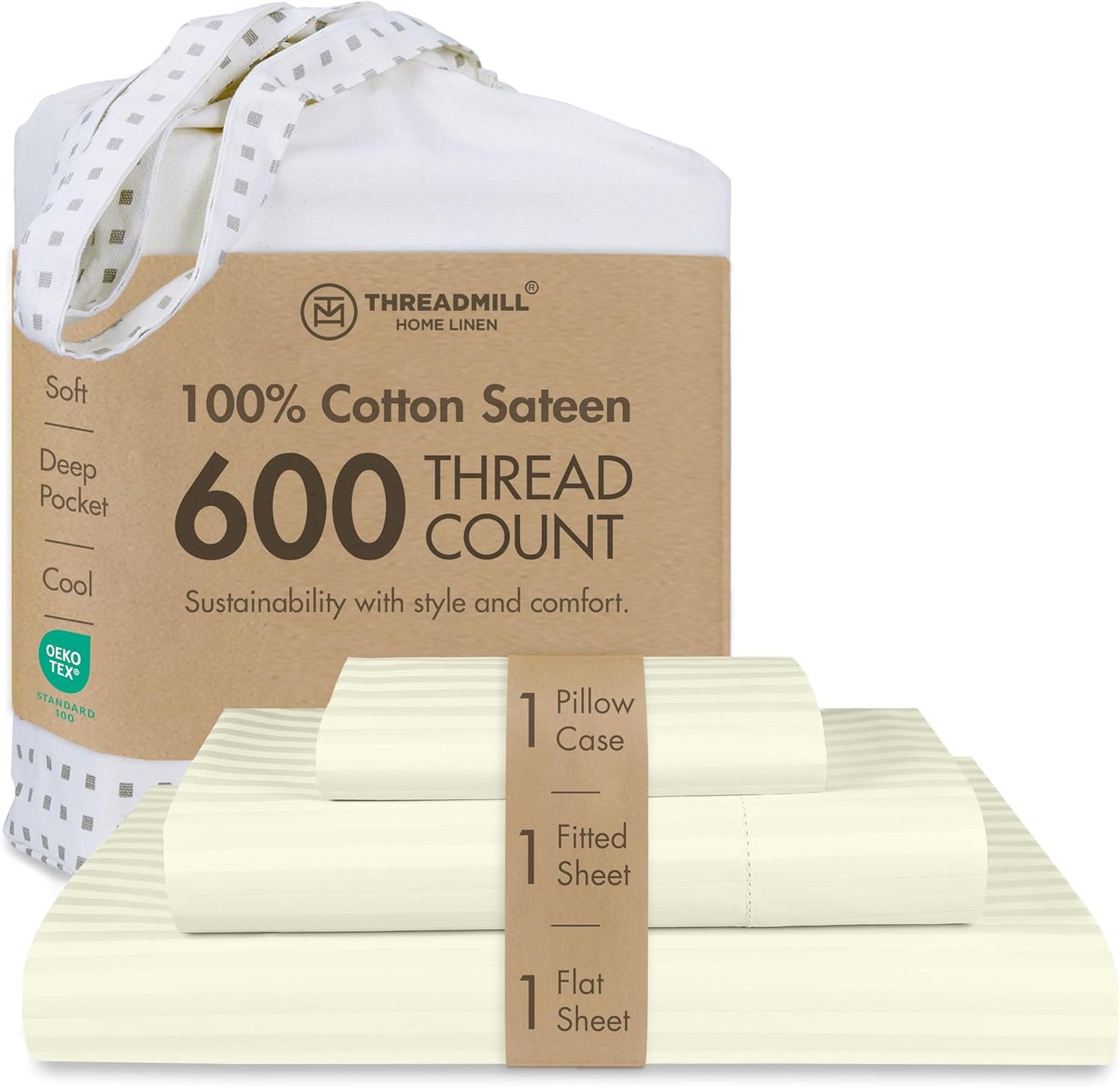 Threadmill 100% Cotton Sheets for Queen Size Bed - 600 Thread Count Queen Bed Sheets Set with 16” Deep Pocket - Sateen Weave 4-Piece Bedding Set with Cooling Effect, White