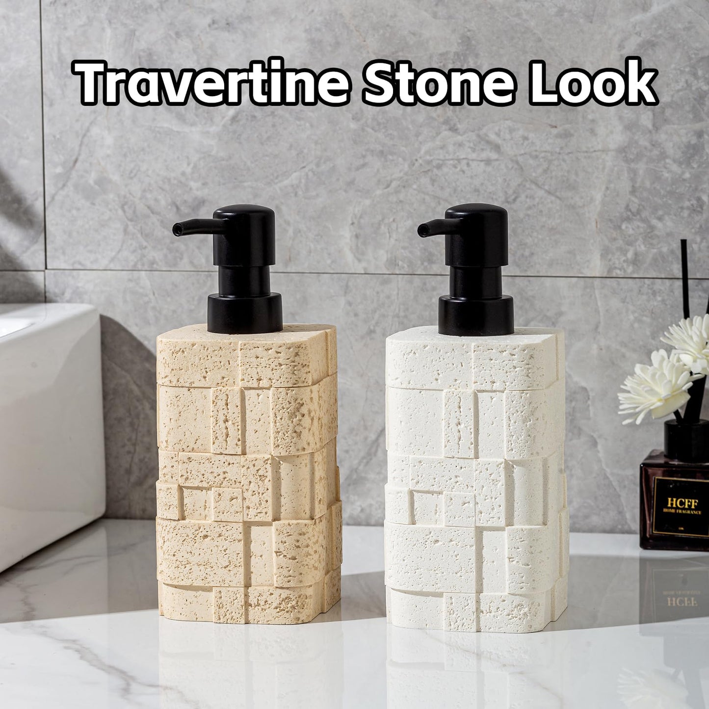 Haocoott Soap Dispensers 400mL 13.5 OZ, 2 PCS Luxurious Hand Dish Lotion Shampoo Soap Dispenser Jar, Travertine Stone Look Soap Pump Bottles for Kitchen Bathroom Countertop (White)