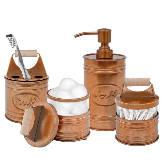 Deluxe 4-piece bathroom accessories set with brown containers on a gray surface.