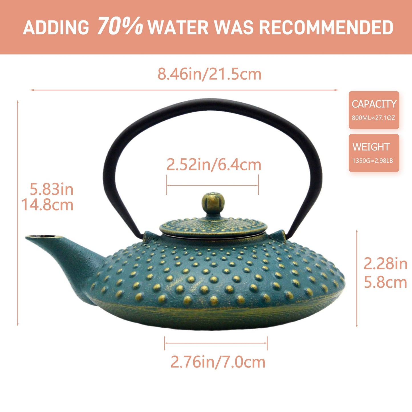 SECHUDO 800ml Small Cast Iron Teapot - Japanese Style Tea Kettle with Stainless Steel Infuser - Flat Pattern - Colourful