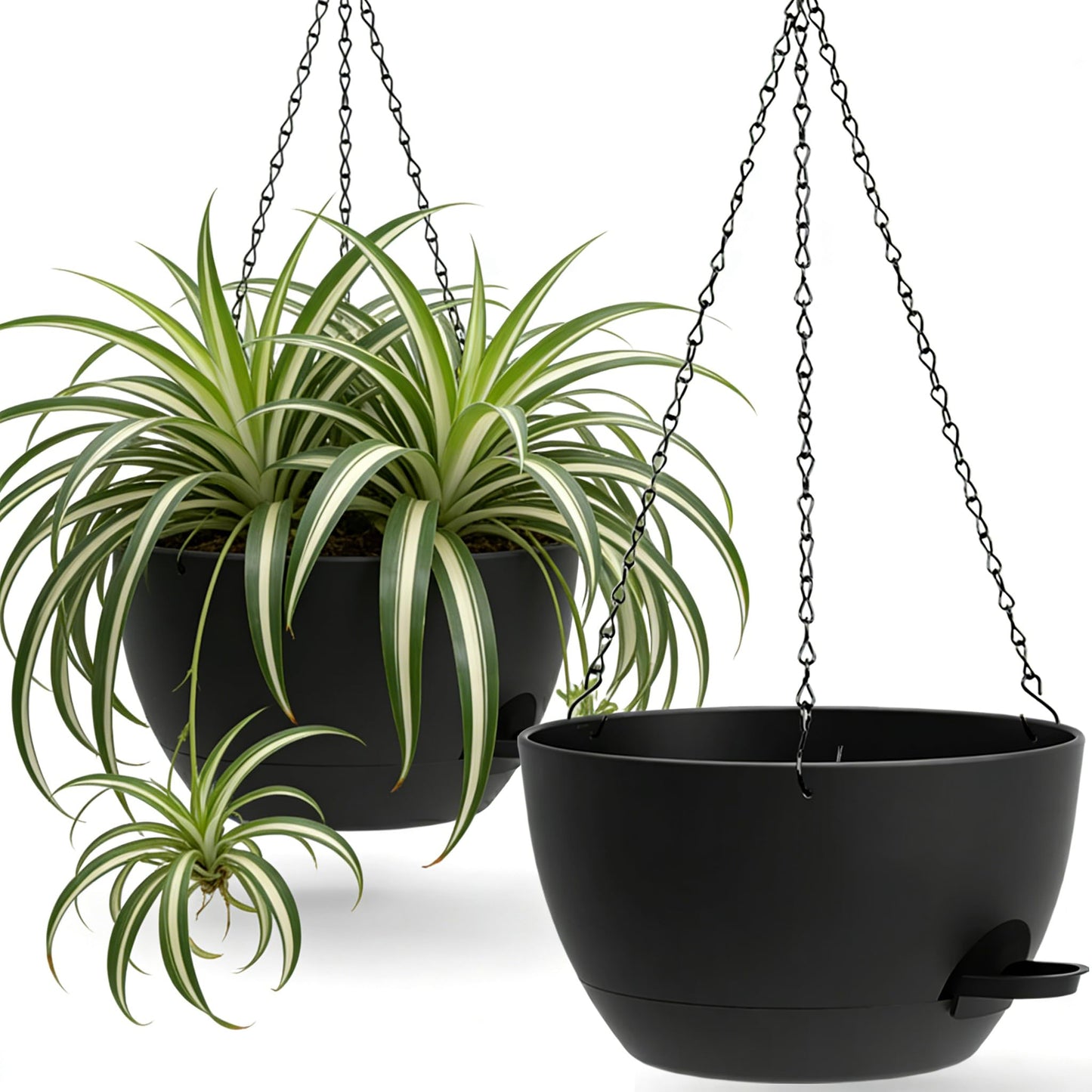 UOUZ 33cm 2 Pack Large Self Watering Hanging Planters - 1.5L Reservoir - Plastic Hanging Basket - Black