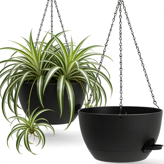 UOUZ 33cm 2 Pack Large Self Watering Hanging Planters - 1.5L Reservoir - Plastic Hanging Basket - Black