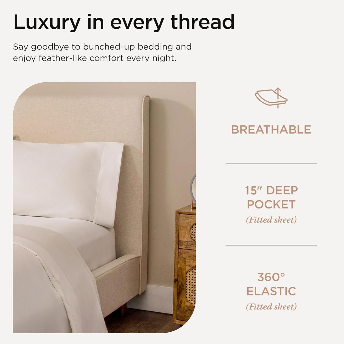 Threadmill 100% Cotton Sheets for Queen Size Bed - 600 Thread Count Queen Bed Sheets Set with 16” Deep Pocket - Sateen Weave 4-Piece Bedding Set with Cooling Effect, White
