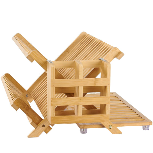 NOVAYEAH Bamboo Dish Drying Rack with Utensil Holder - 3-Tier Collapsible
