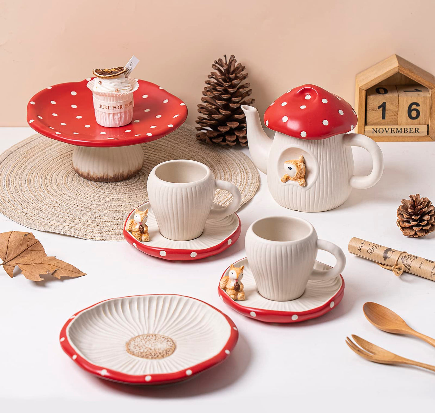 RESVUGA Cute Mushroom Mug with Saucer, Handmade Glaze Polka Dot, with Squirrel Decoration on the Plate. Safety Matt Ceramic Coffee Cups, 11 oz Cartoon Tea Cup. Best Gifts for Women & Girls.