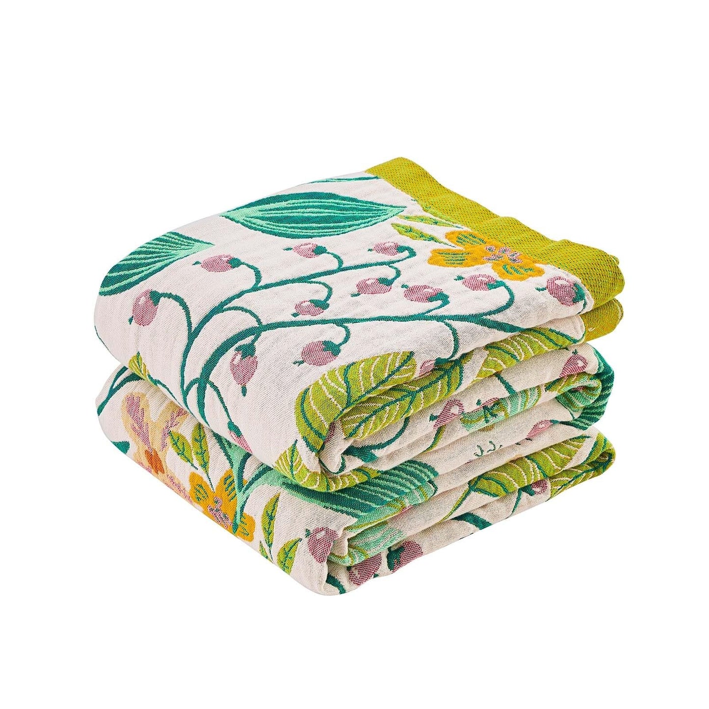 KMBFWU Boho Cotton Muslin Throw Blanket — 100% Cotton, Floral Pattern, 127 × 152 cm, Beige