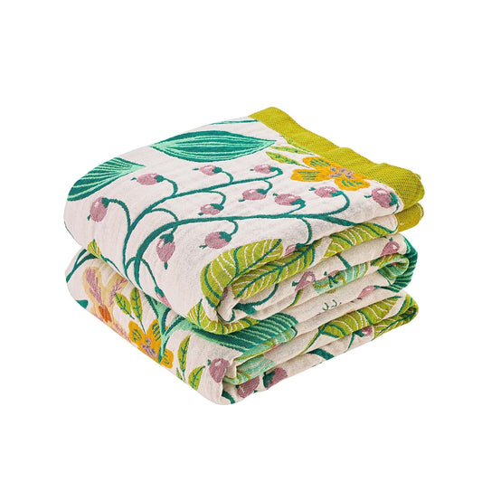 KMBFWU Boho Cotton Muslin Throw Blanket — 100% Cotton, Floral Pattern, 127 × 152 cm, Beige