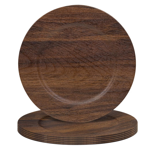 MAONAME Round Charger Plates Set of 6 - 33cm Brown Charger for Dinner Plates - Farmhouse Faux Wood Plate Chargers