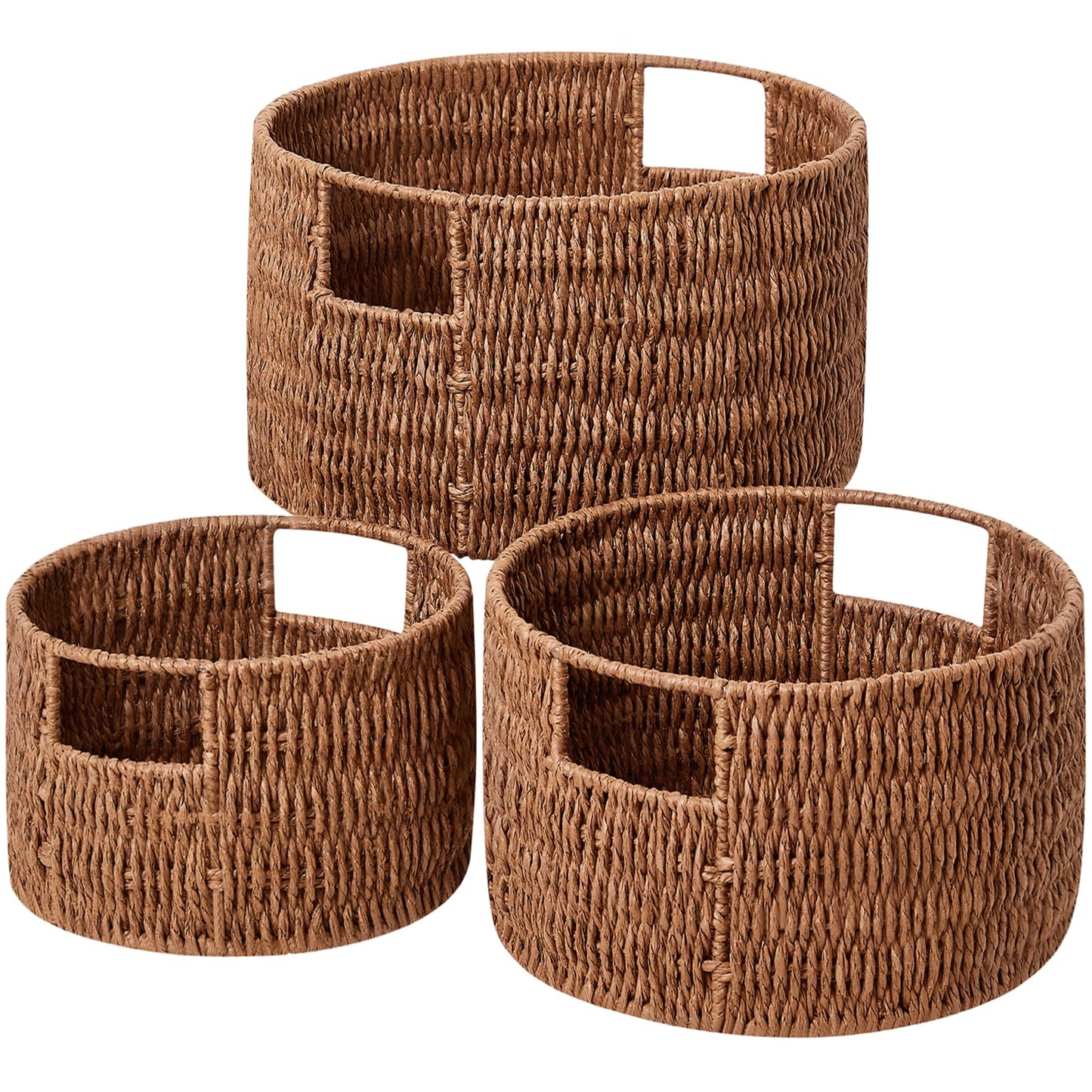 Vagusicc Hand-Woven Wicker Storage Baskets - Brown - Round Paper Rope - 3-Pack with Handles