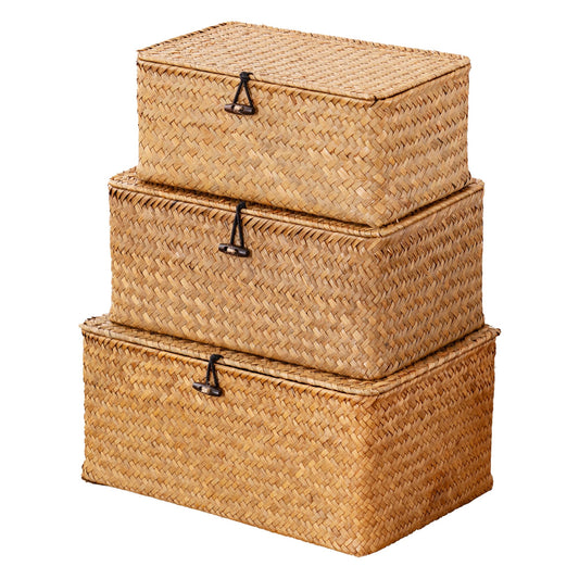 Nonam Natural Seagrass Storage Baskets with Lids - Set of 3 - Rectangle Woven Bins for Home Organisation