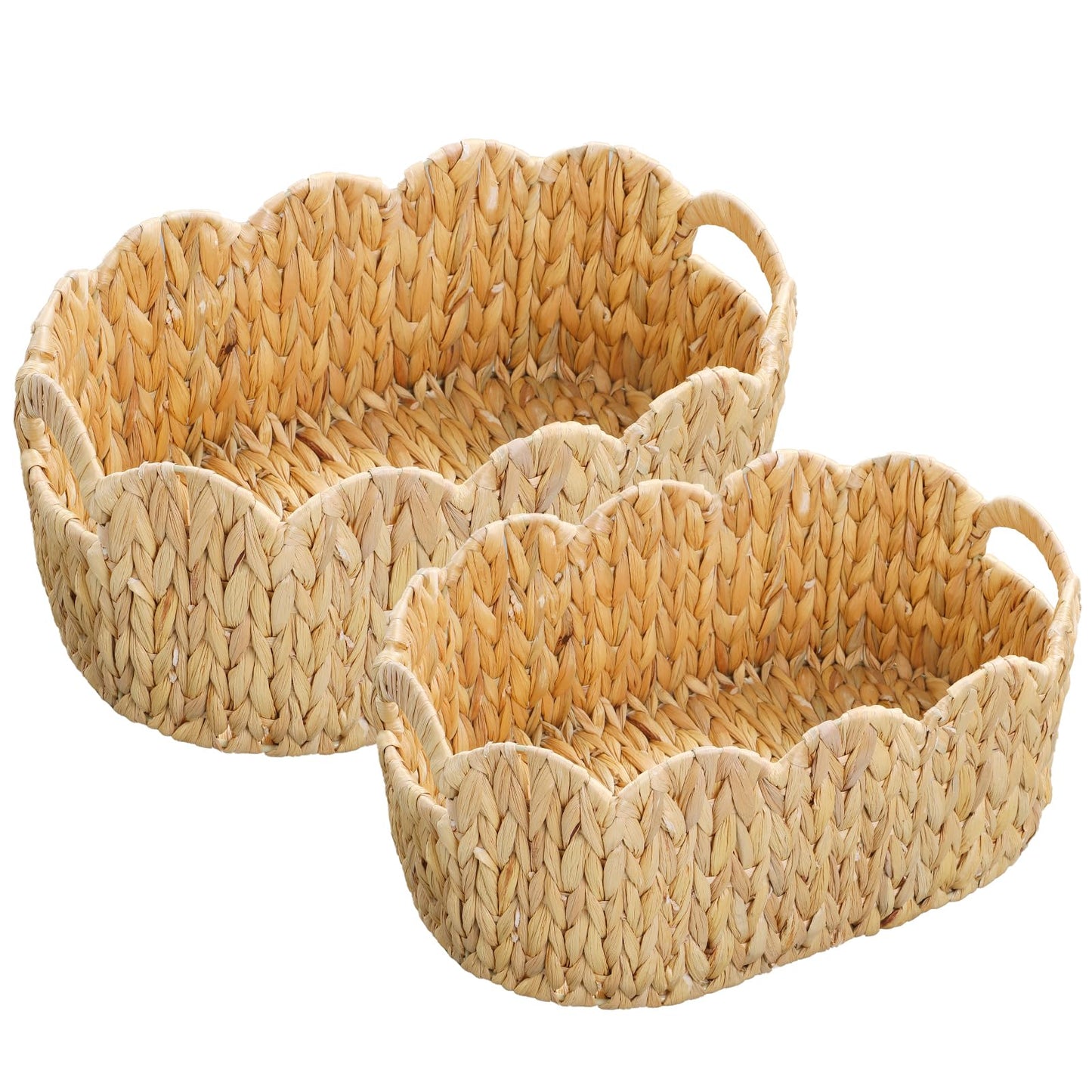 Coeusy Scalloped Water Hyacinth Baskets - 2 Pack - Hand-Woven Rattan Storage Baskets with Handles