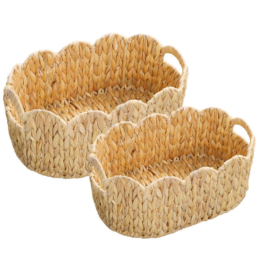 Coeusy Scalloped Water Hyacinth Baskets - 2 Pack - Hand-Woven Rattan Storage Baskets with Handles