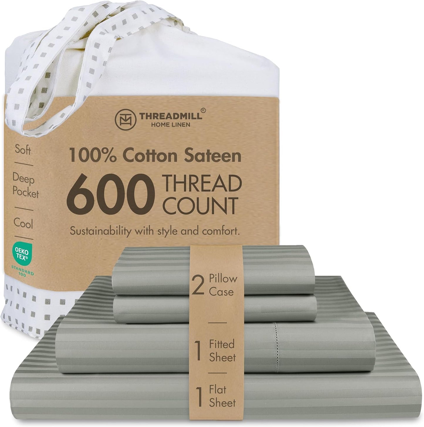 Threadmill 100% Cotton Sheets for Queen Size Bed - 600 Thread Count Queen Bed Sheets Set with 16” Deep Pocket - Sateen Weave 4-Piece Bedding Set with Cooling Effect, White
