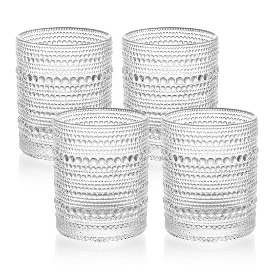 Vintage Dot-Pattern Drinking Glasses Set of 4 - 430ml Clear Short Glass Cups - Embossed Textured