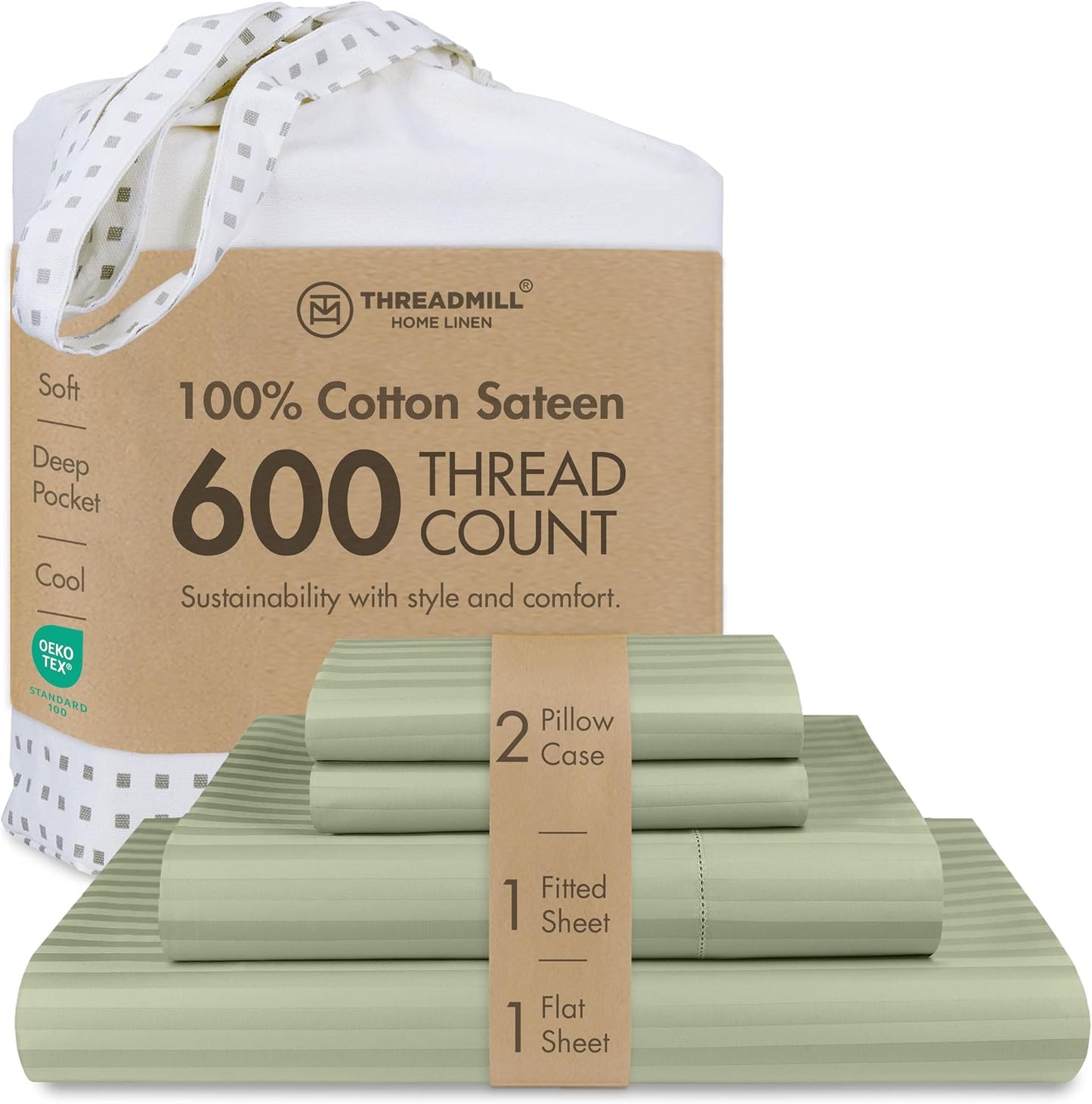 Threadmill 100% Cotton Sheets for Queen Size Bed - 600 Thread Count Queen Bed Sheets Set with 16” Deep Pocket - Sateen Weave 4-Piece Bedding Set with Cooling Effect, White
