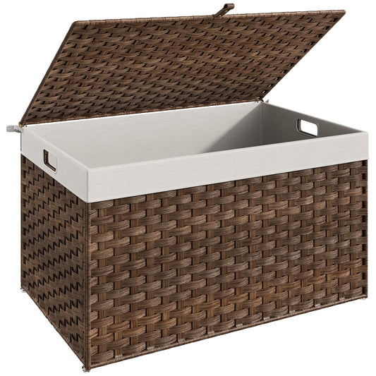 HOOBRO Storage Basket with Lid - Brown - 160 L - Hand-Woven Wicker Basket with Handles and Soft Lining