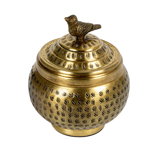 Creative Co-Op Round Hammered Metal Container with Bird Finial - 15cm - Brass Finish