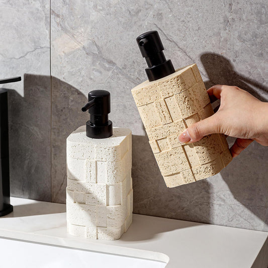 Haocoott Soap Dispensers 400mL 13.5 OZ, 2 PCS Luxurious Hand Dish Lotion Shampoo Soap Dispenser Jar, Travertine Stone Look Soap Pump Bottles for Kitchen Bathroom Countertop (White)