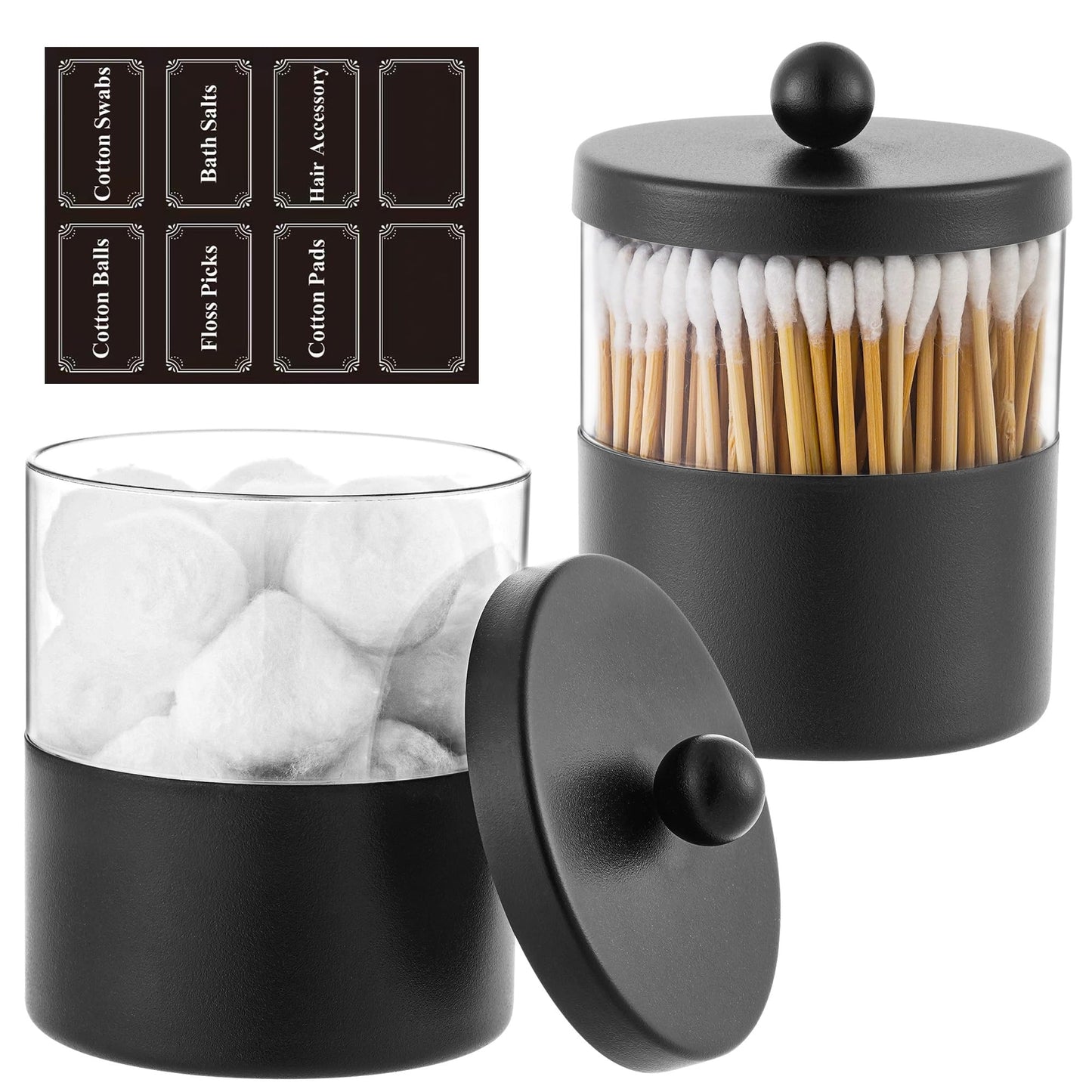 Gaussra 2-Pack Black Apothecary Jars with Stainless Steel Lids — Farmhouse Qtip & Cotton Ball Holder