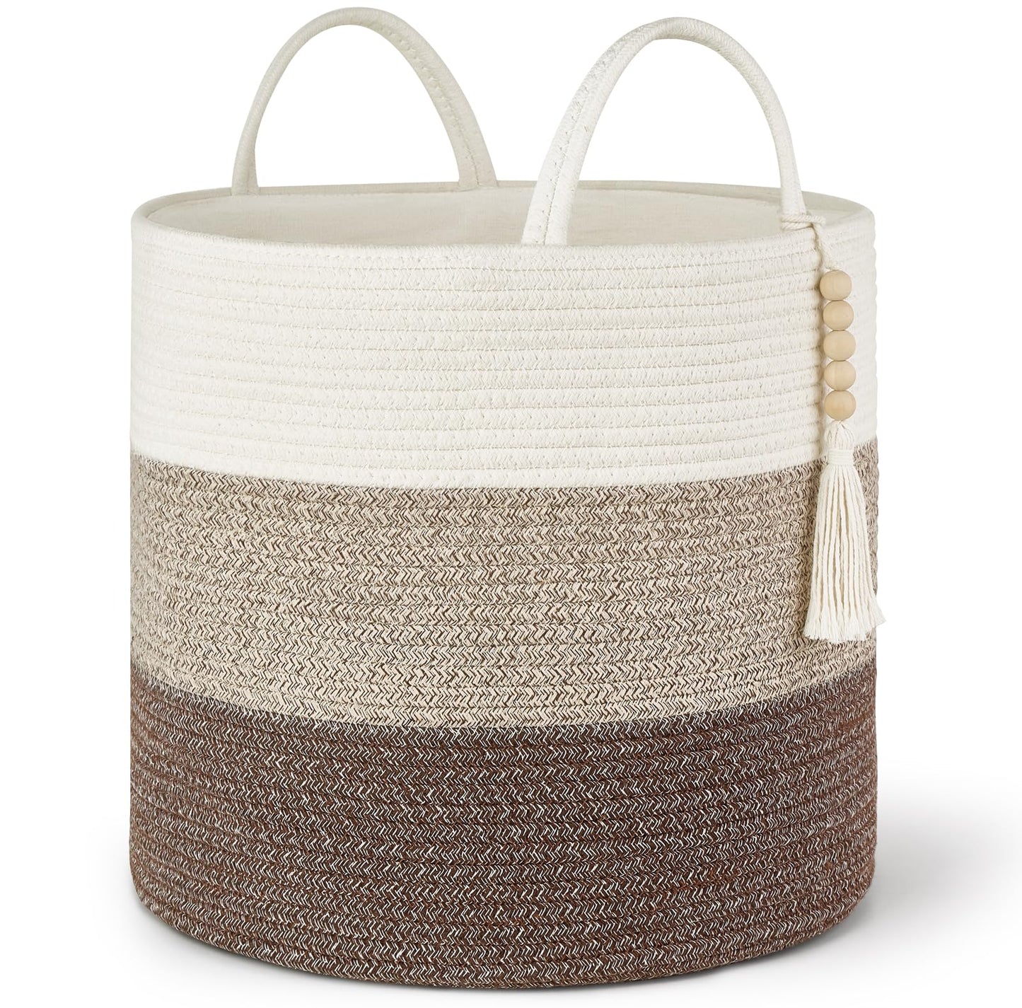 Mkono Woven Storage Basket - 41 cm x 35 cm - Natural Rope Basket with Wooden Bead Decoration and Handles