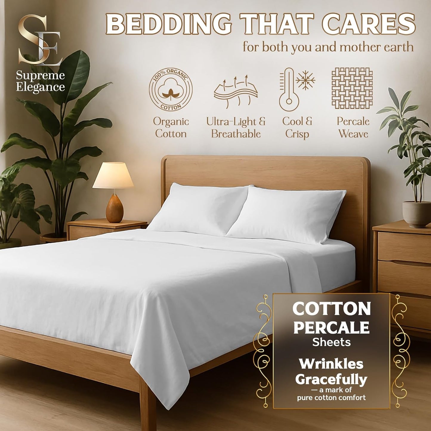 SUPREME ELEGANCE 100% Organic Cotton Sheets for Twin Size Bed, Pastel Green | 14" Deep Pocket Cool & Crisp Percale Sheets for Dorm, Breathable, Moisture Absorbent, Organic Bedding Set, OEKO-TEX Certified