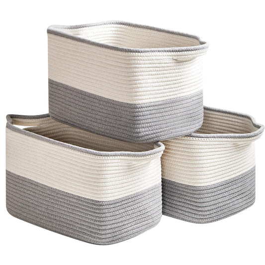 R RUNKA Cotton Rope Storage Baskets - White & Grey - Set of 3 - 38 cm x 26 cm x 23 cm