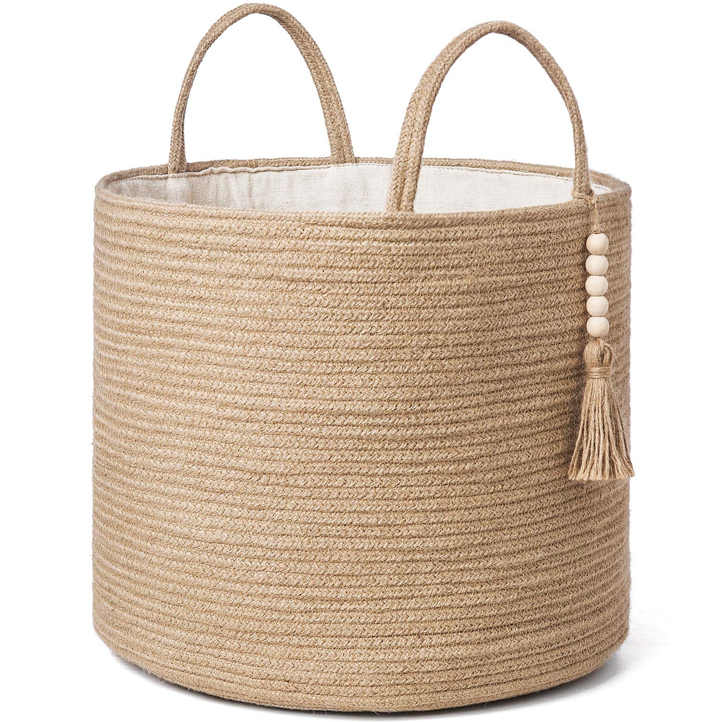Mkono Woven Storage Basket - 41 cm x 35 cm - Natural Rope Basket with Wooden Bead Decoration and Handles