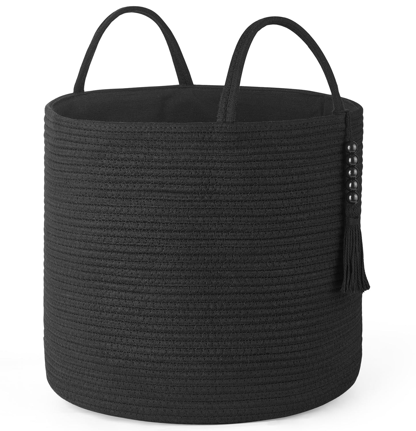Mkono Woven Storage Basket - 41 cm x 35 cm - Natural Rope Basket with Wooden Bead Decoration and Handles