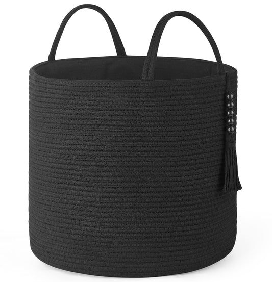 Mkono Woven Storage Basket - 41 cm x 35 cm - Natural Rope Basket with Wooden Bead Decoration and Handles