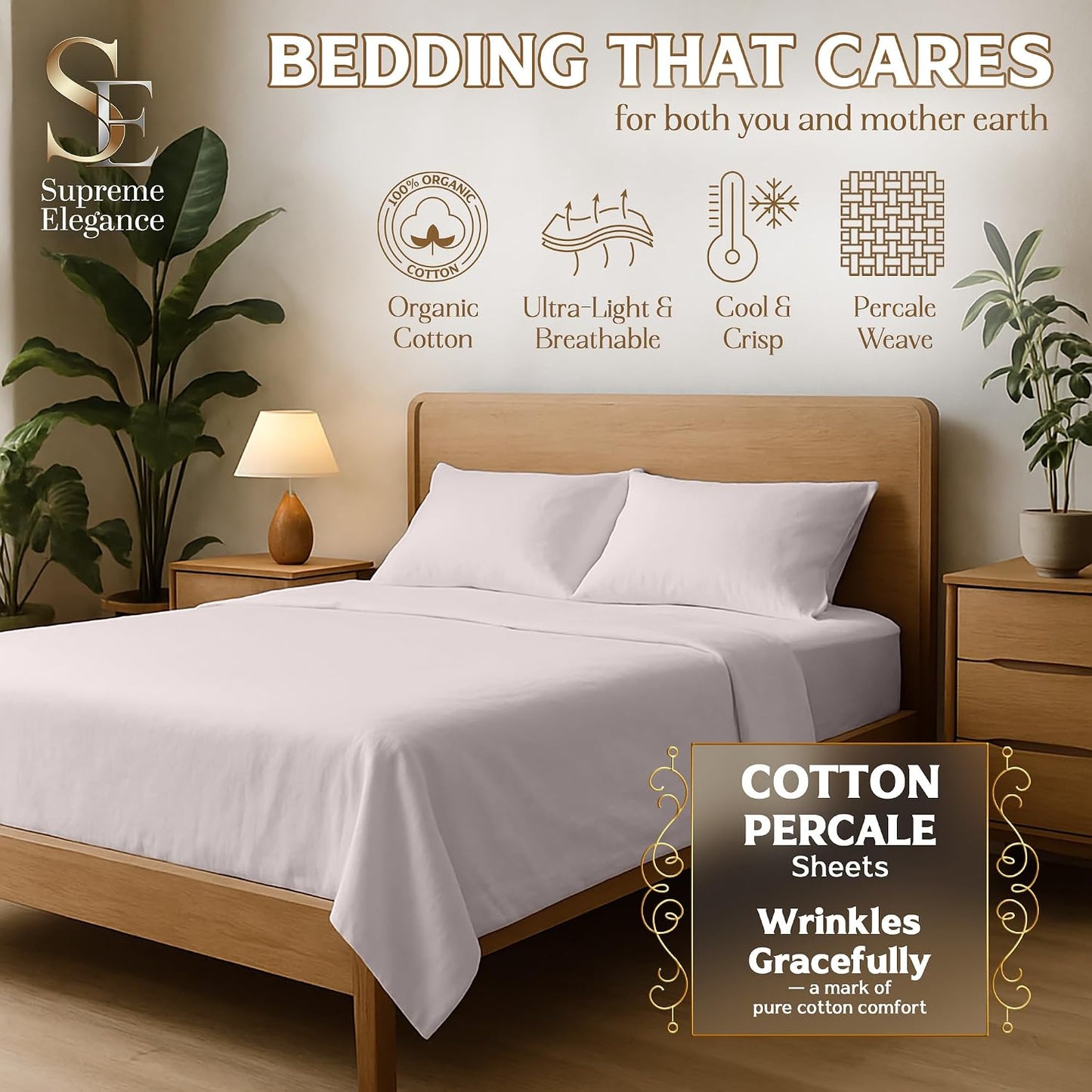 SUPREME ELEGANCE 100% Organic Cotton Sheets for Twin Size Bed, Pastel Green | 14" Deep Pocket Cool & Crisp Percale Sheets for Dorm, Breathable, Moisture Absorbent, Organic Bedding Set, OEKO-TEX Certified