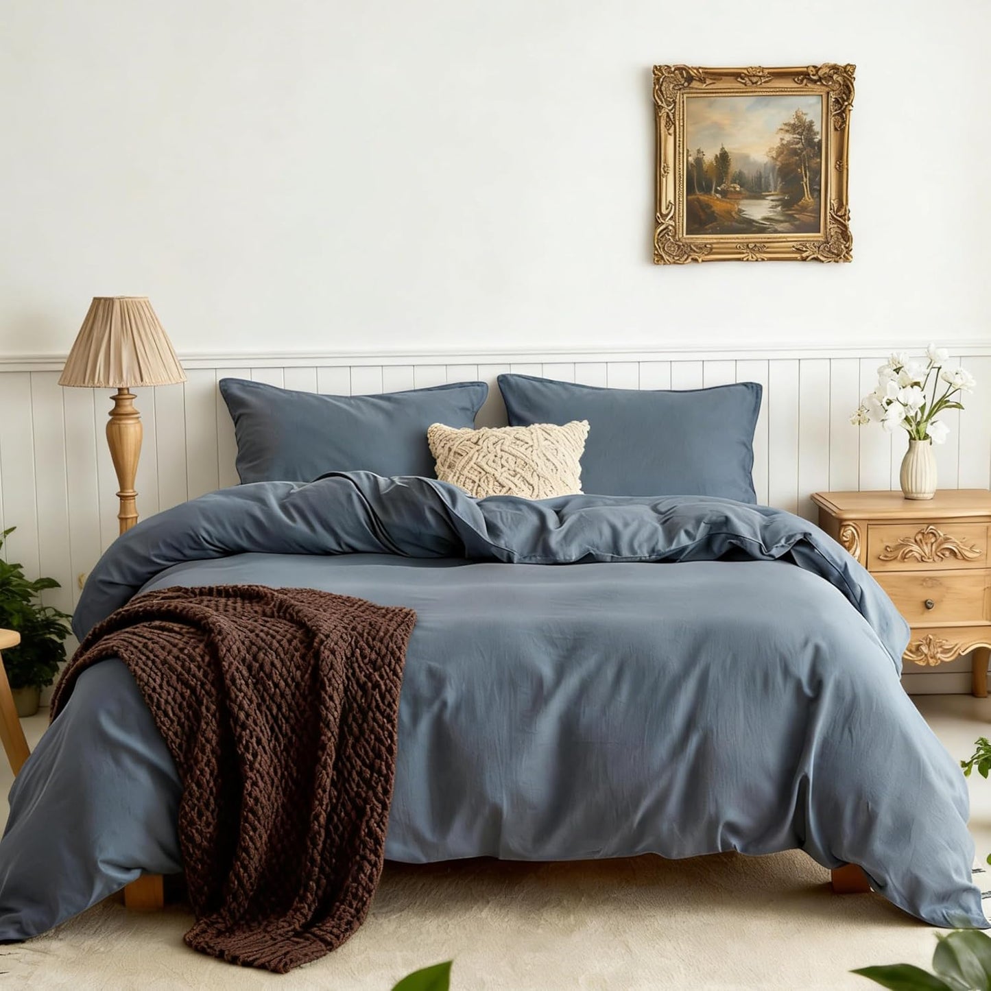 Simple&Opulence Linen Duvet Cover Double,Natural Linen Cotton Duvet Cover with Pillowcase,Duble Size Bedding Set,Soft Warm Breathable Bed Quilt Cover with Button Closure,200x200cm,Navy Blue