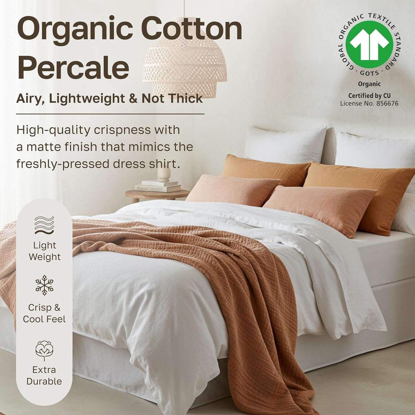 California Design Den 100% Organic Cotton Sheets for Queen Size Bed, Deep Pockets, Percale Sheets Queen, GOTS Certified, Soft Cooling Sheets, 4 Piece Bed Sheets Queen Sheet Set, White Sheets