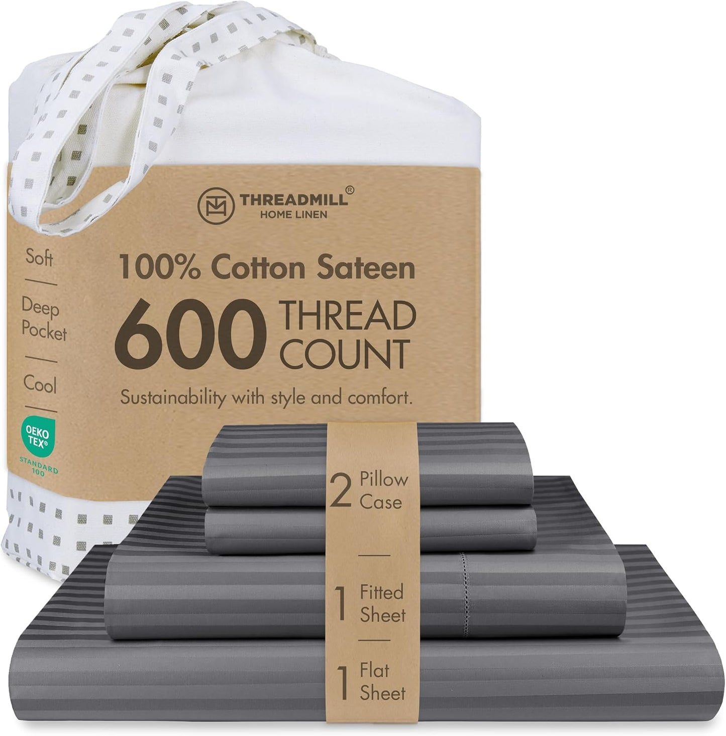 Threadmill 100% Cotton Sheets for Queen Size Bed - 600 Thread Count Queen Bed Sheets Set with 16” Deep Pocket - Sateen Weave 4-Piece Bedding Set with Cooling Effect, White