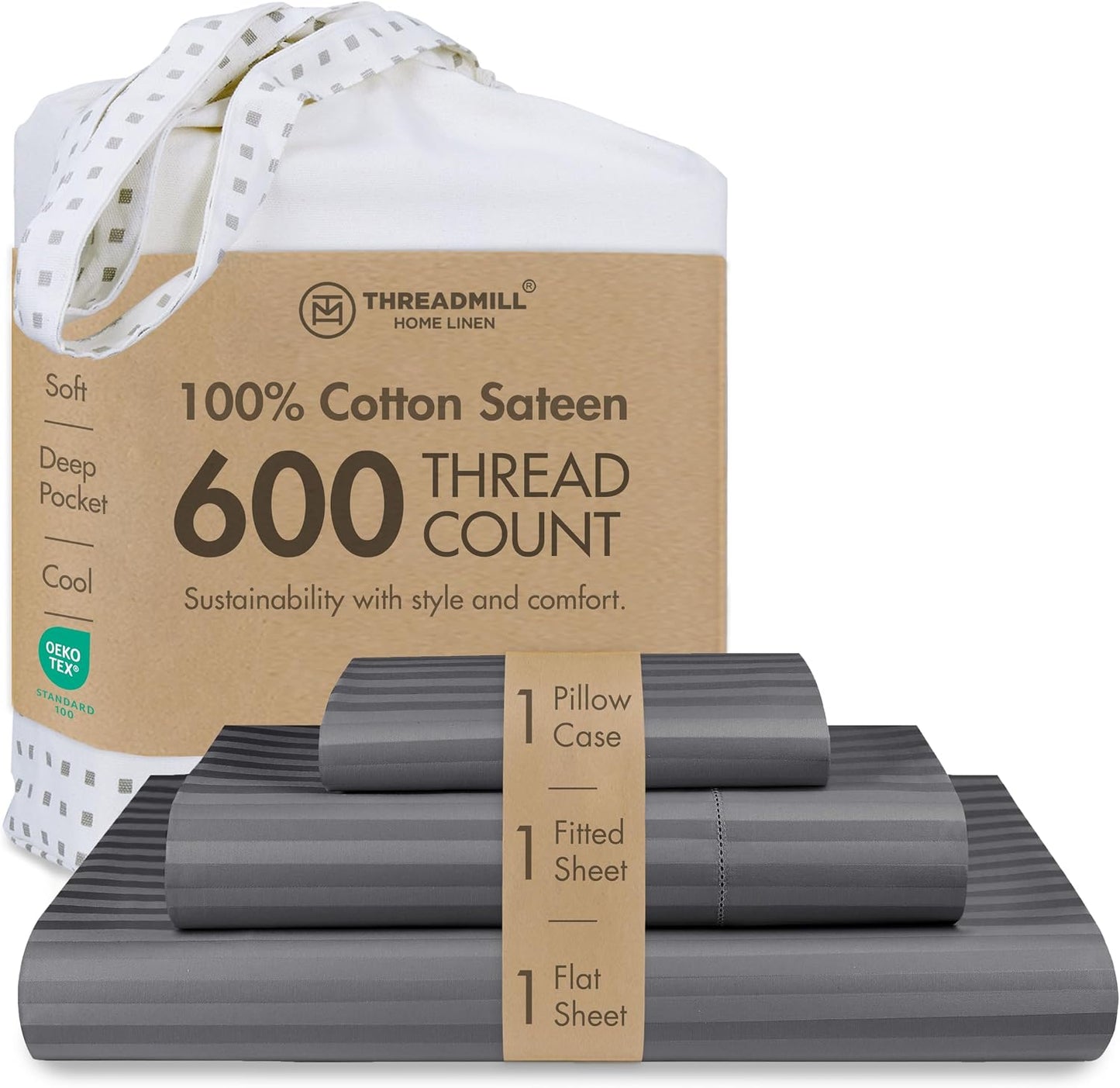 Threadmill 100% Cotton Sheets for Queen Size Bed - 600 Thread Count Queen Bed Sheets Set with 16” Deep Pocket - Sateen Weave 4-Piece Bedding Set with Cooling Effect, White