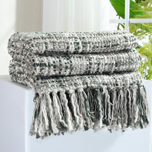 GINAMUSE Boho Cable Knit Throw Blanket with Tassels — 127 × 152 cm, Multi-Colour