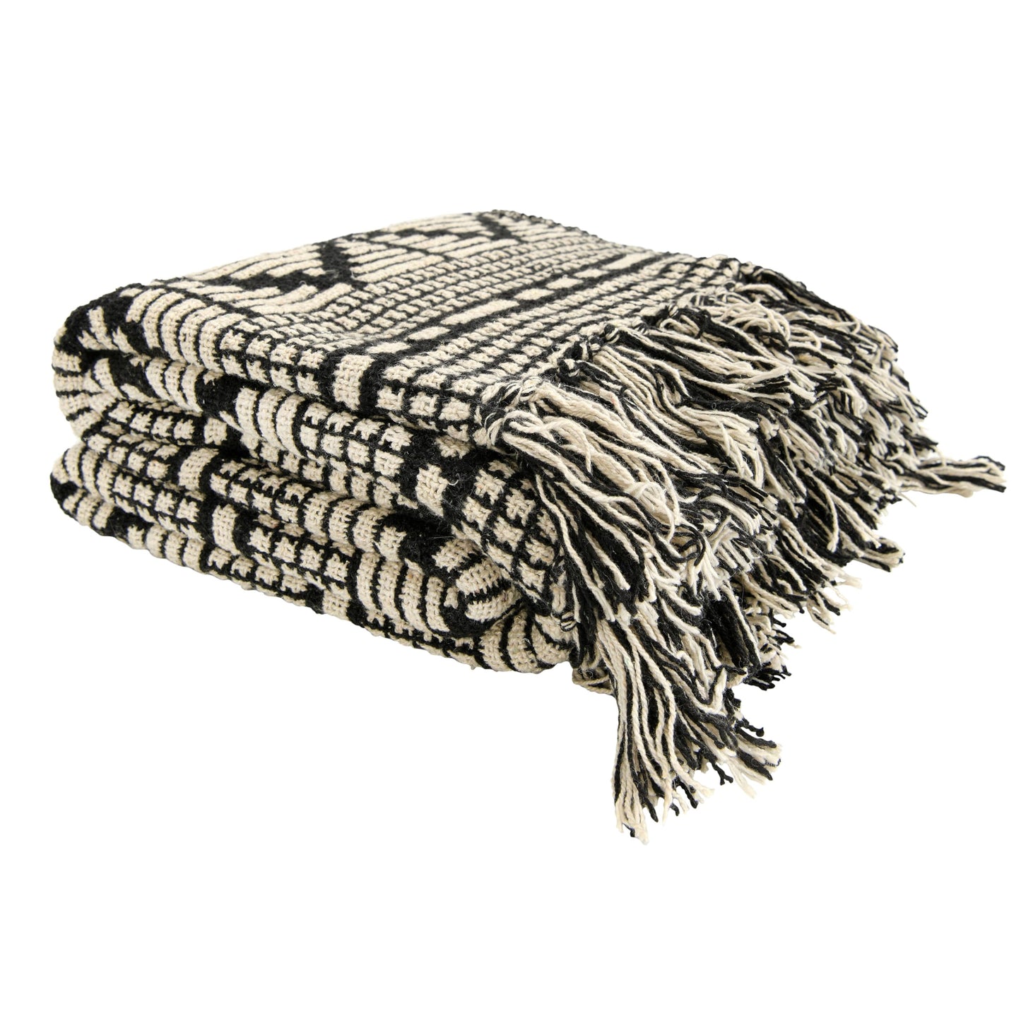 Bloomingville Reclaimed Cotton Blend Throw Blanket — Diamond Pattern & Fringe, 127 × 152 cm, Black & Beige