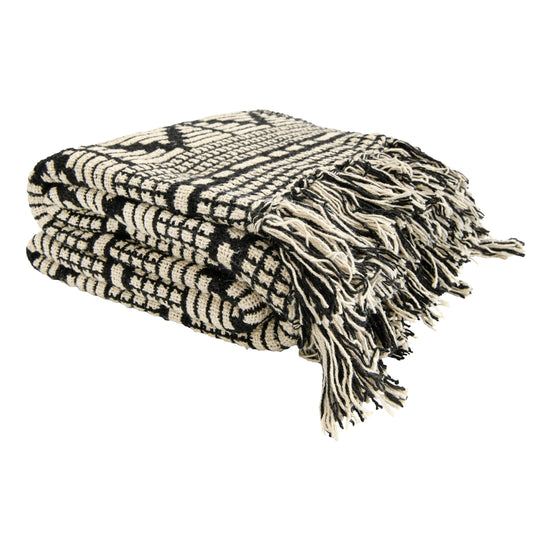 Bloomingville Reclaimed Cotton Blend Throw Blanket — Diamond Pattern & Fringe, 127 × 152 cm, Black & Beige