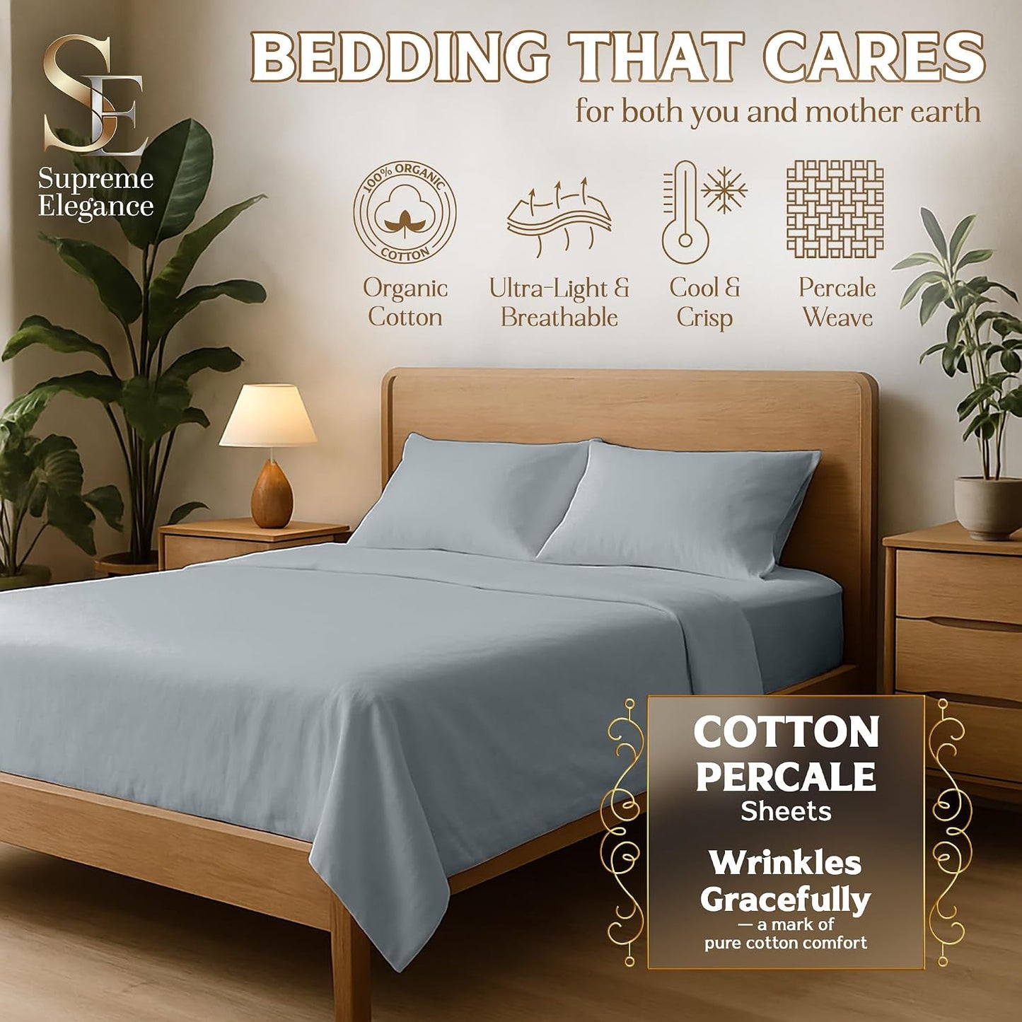 SUPREME ELEGANCE 100% Organic Cotton Sheets for Twin Size Bed, Pastel Green | 14" Deep Pocket Cool & Crisp Percale Sheets for Dorm, Breathable, Moisture Absorbent, Organic Bedding Set, OEKO-TEX Certified