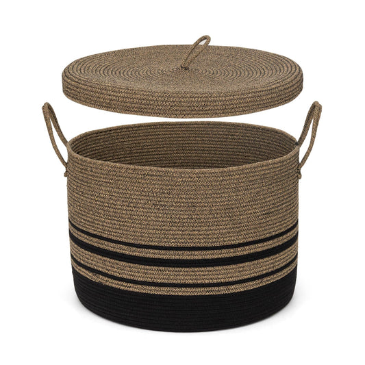 Woven Cotton Rope Laundry Hamper with Lid - 52 cm x 52 cm x 38 cm - Foldable Storage Basket