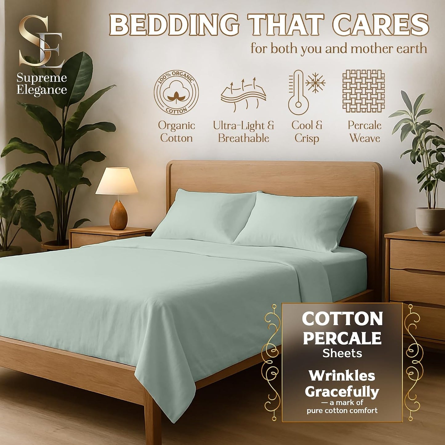 SUPREME ELEGANCE 100% Organic Cotton Sheets for Twin Size Bed, Pastel Green | 14" Deep Pocket Cool & Crisp Percale Sheets for Dorm, Breathable, Moisture Absorbent, Organic Bedding Set, OEKO-TEX Certified